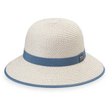 Beige hat with a blue band on a white background