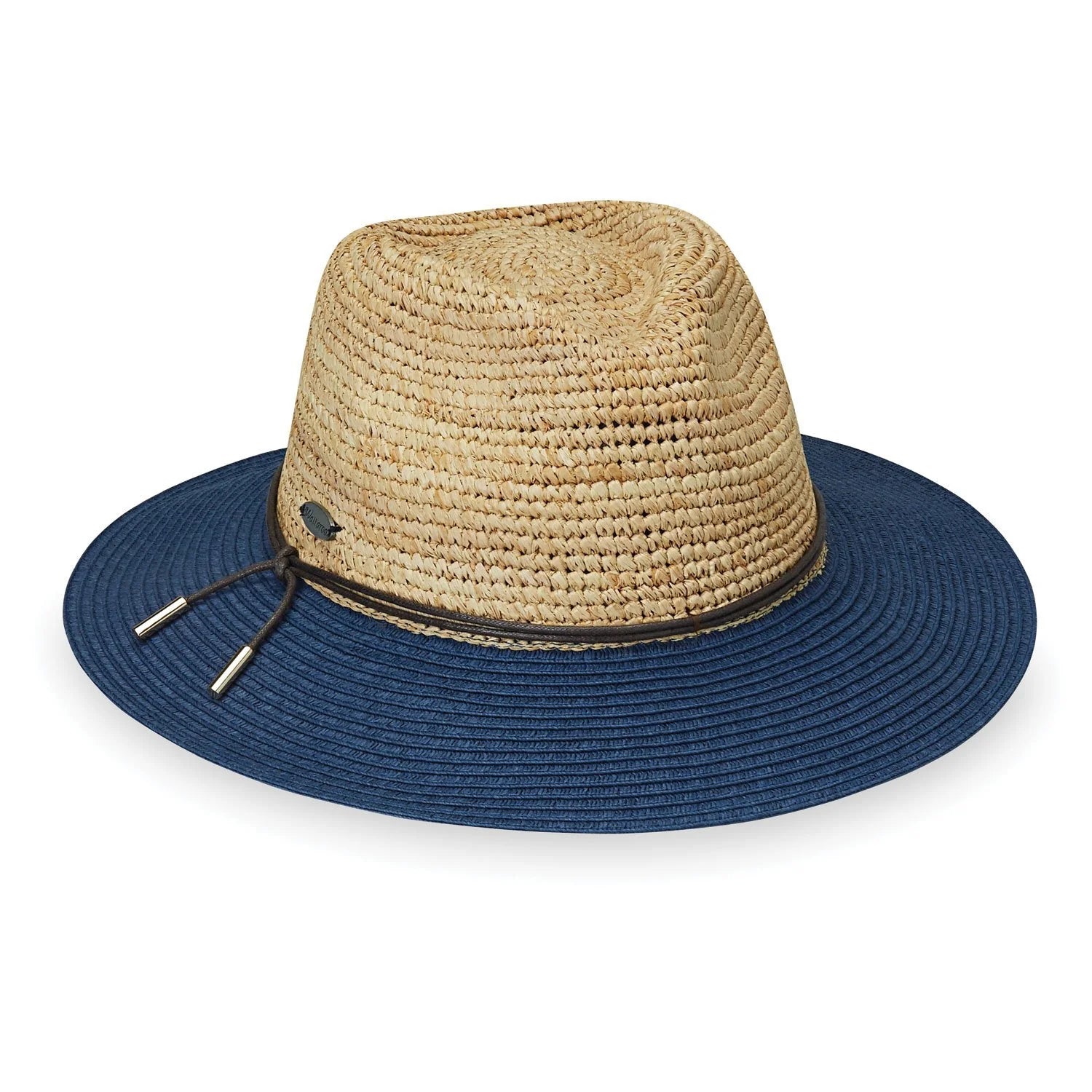 Raw meets refined in a pair of contrasting textures – a lovely pairing of natural fiber with the structured lines of paper braid. The Laguna hat can be worn for walks on the beach or attending an art festival. This raffia beach hat features a faux leather cord with gold metal tips for a modern feel.&nbsp;