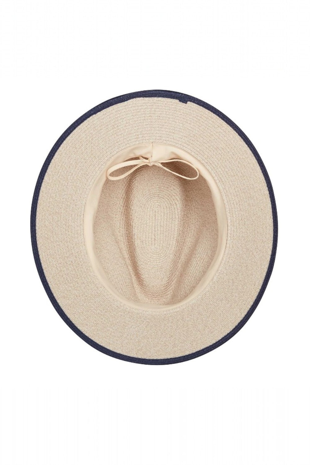 Beige hat with navy band on a white background