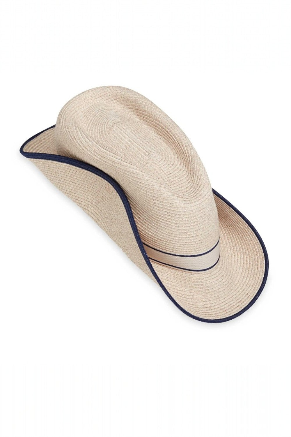 Beige hat with navy band on a white background