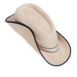 Beige hat with navy band on a white background