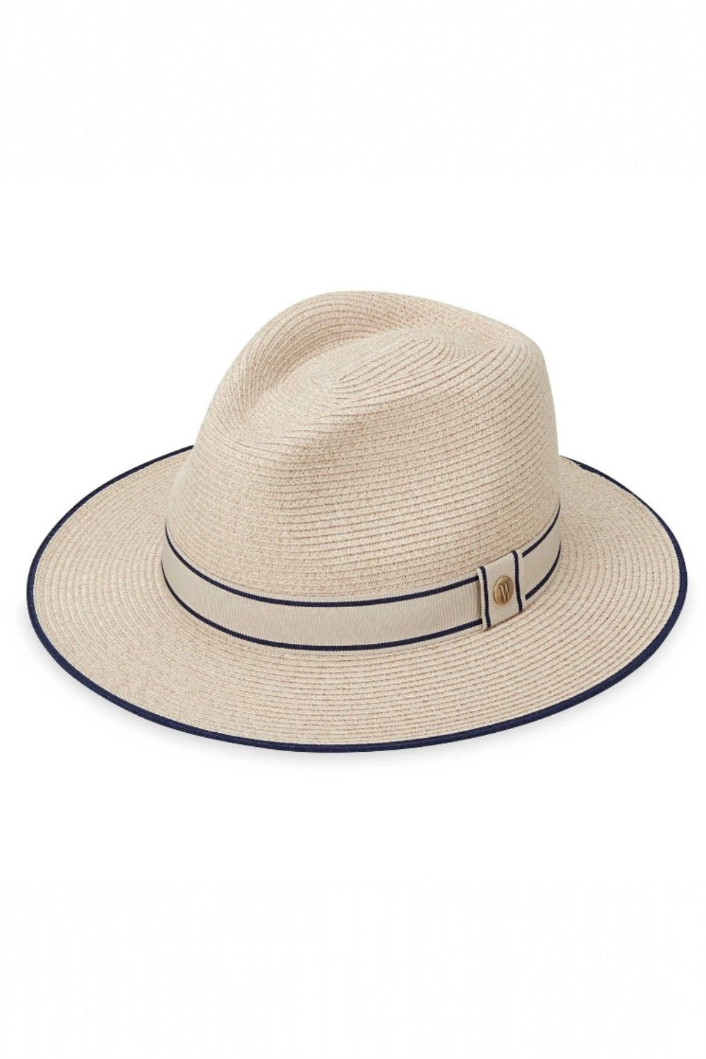 Beige hat with a navy band on a white background