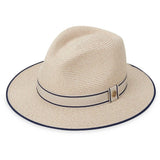 Beige hat with a navy band on a white background