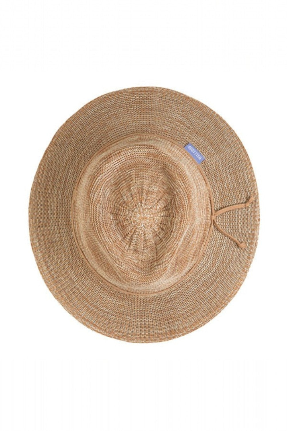 Woven hat with a small blue tag on a white background