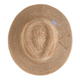 Woven hat with a small blue tag on a white background