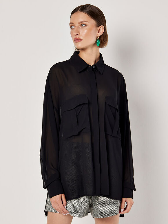 Cut from lightweight chiffon to an oversized fit designed to create a free-flowing silhouette, this shirt is the perfect pick for both on and off-duty dressing. Framed by a collared neckline and long sleeves, it boasts a concealed button placket, twin chest patch pockets, and a dipped hem. Tuck into tailored shorts or style with jeans when the weekend arrives.