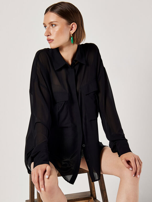 Cut from lightweight chiffon to an oversized fit designed to create a free-flowing silhouette, this shirt is the perfect pick for both on and off-duty dressing. Framed by a collared neckline and long sleeves, it boasts a concealed button placket, twin chest patch pockets, and a dipped hem. Tuck into tailored shorts or style with jeans when the weekend arrives.