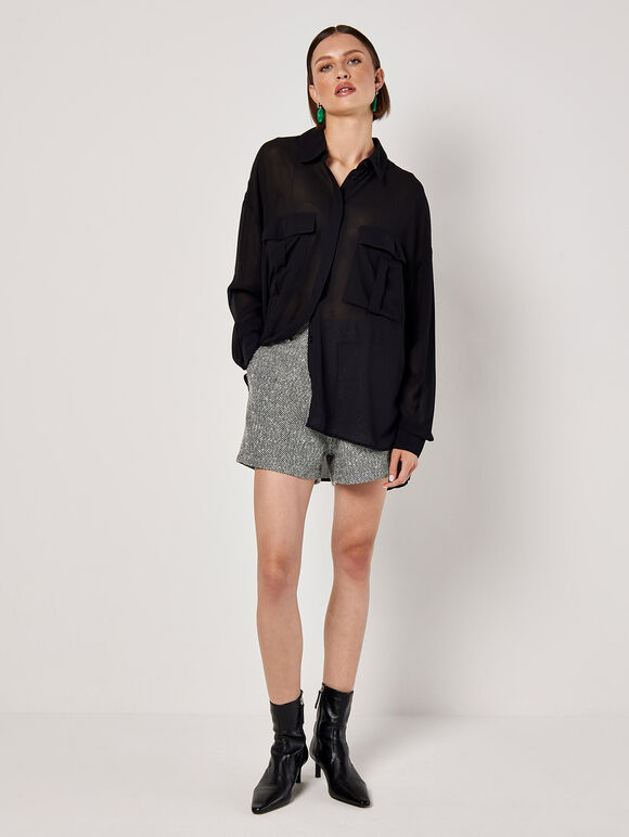 Cut from lightweight chiffon to an oversized fit designed to create a free-flowing silhouette, this shirt is the perfect pick for both on and off-duty dressing. Framed by a collared neckline and long sleeves, it boasts a concealed button placket, twin chest patch pockets, and a dipped hem. Tuck into tailored shorts or style with jeans when the weekend arrives.