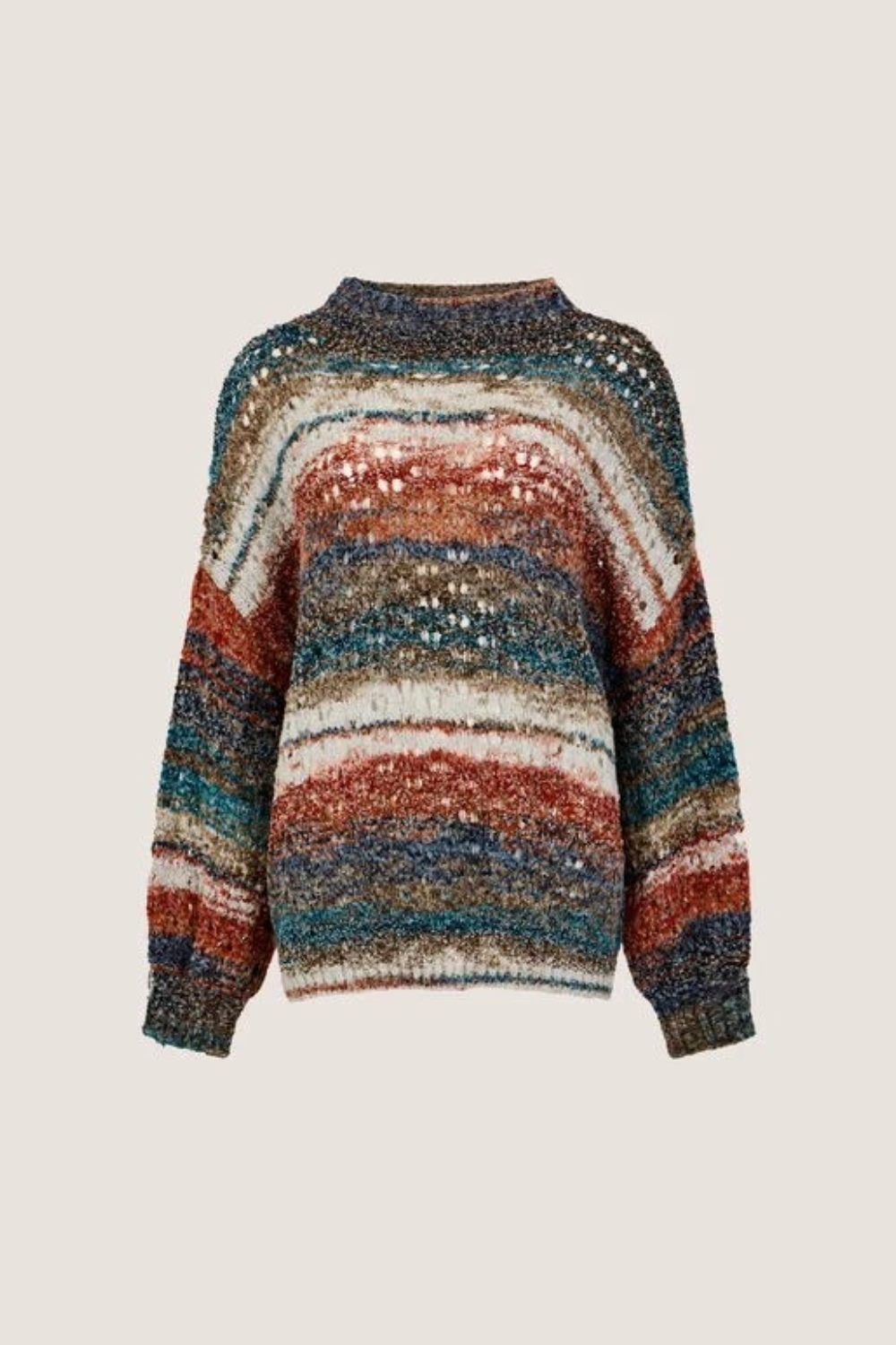 Broderick's Clothing Co. apricot striped boho jumper with open-knit texture, mock neck, and oversized fit.