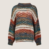Broderick's Clothing Co. apricot striped boho jumper with open-knit texture, mock neck, and oversized fit.