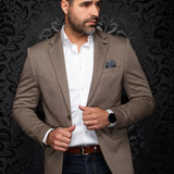 Broderick's Clothing Co. Au Noir EAMES blazer in brown textured fabric worn by a man with a white shirt and pocket square