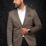 Broderick's Clothing Co. Au Noir EAMES brown textured blazer worn by a man with a white shirt and pocket square