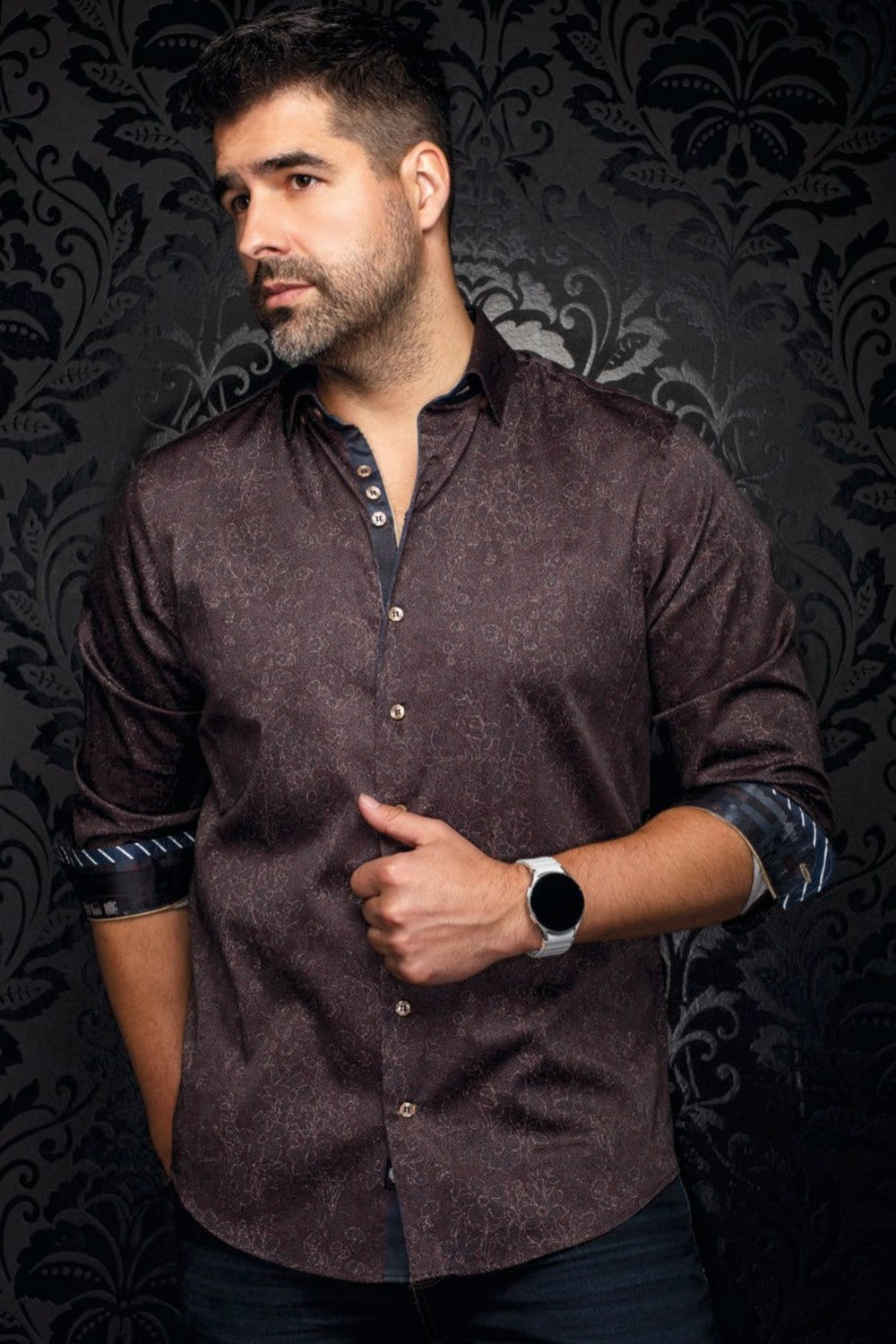 Broderick's Clothing Co. Au Noir JARRICK brown paisley long sleeve shirt with contrasting striped cuff detail on model