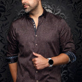 Broderick's Clothing Co. Au Noir JARRICK brown paisley long sleeve shirt with contrasting striped cuff detail on model