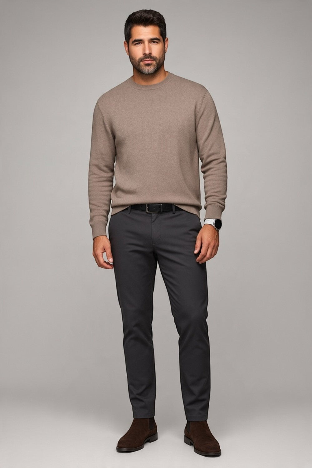 Broderick's Clothing Co. Au Noir LACAUNE beige cashmere crew neck sweater worn by a man with dark trousers and boots.