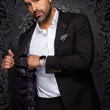 Broderick's Clothing Co. Au Noir TYCHO blazer in dark brown with a patterned interior lining and pocket square.