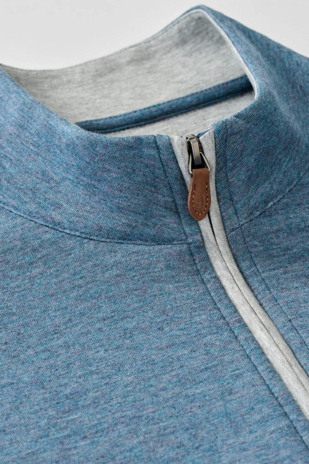 Broderick's Clothing Co. Johnnie-O Sully blue cotton-blend quarter-zip pullover with grey trim and leather zipper pull