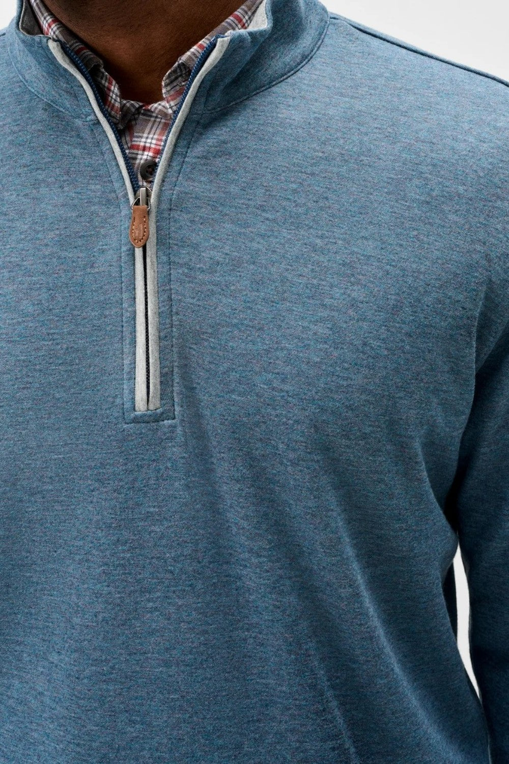 Broderick's Clothing Co. blue plaited cotton-blend quarter-zip pullover with leather zipper pull detail