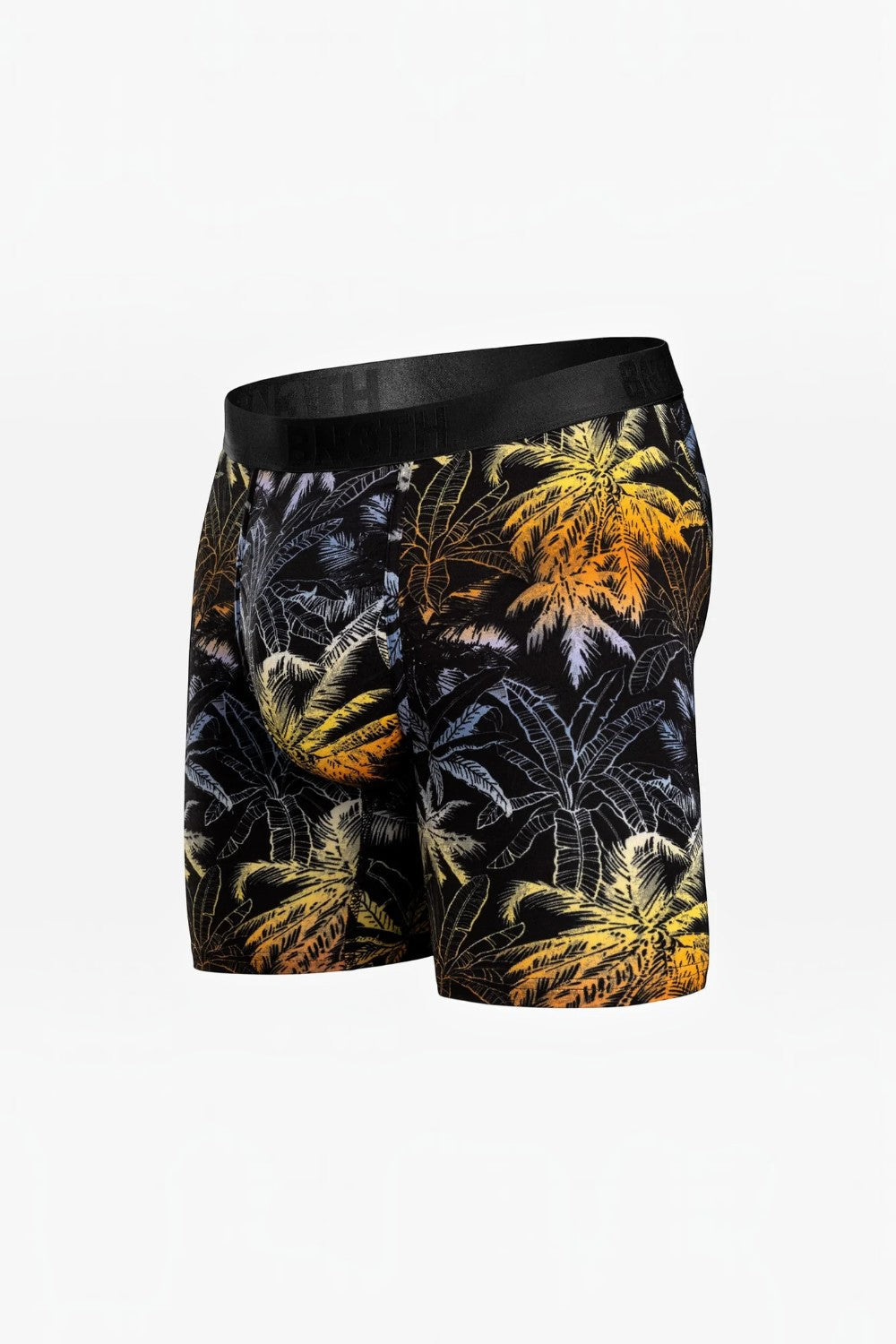 Broderick's Clothing Co. BN3TH Classic Icon boxer brief in black with a yellow and white tropical palm tree print.