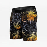 Broderick's Clothing Co. BN3TH Classic Icon boxer brief in black with a yellow and white tropical palm tree print.