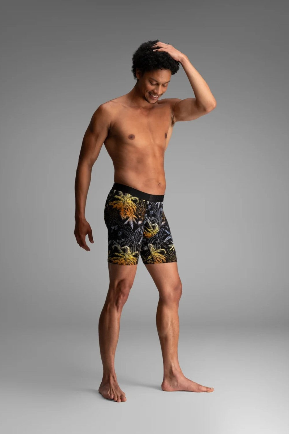 Broderick's Clothing Co. BN3TH Classic Icon boxer brief with a black and yellow tropical palm tree print on a model