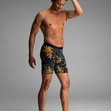 Broderick's Clothing Co. BN3TH Classic Icon boxer brief with a black and yellow tropical palm tree print on a model