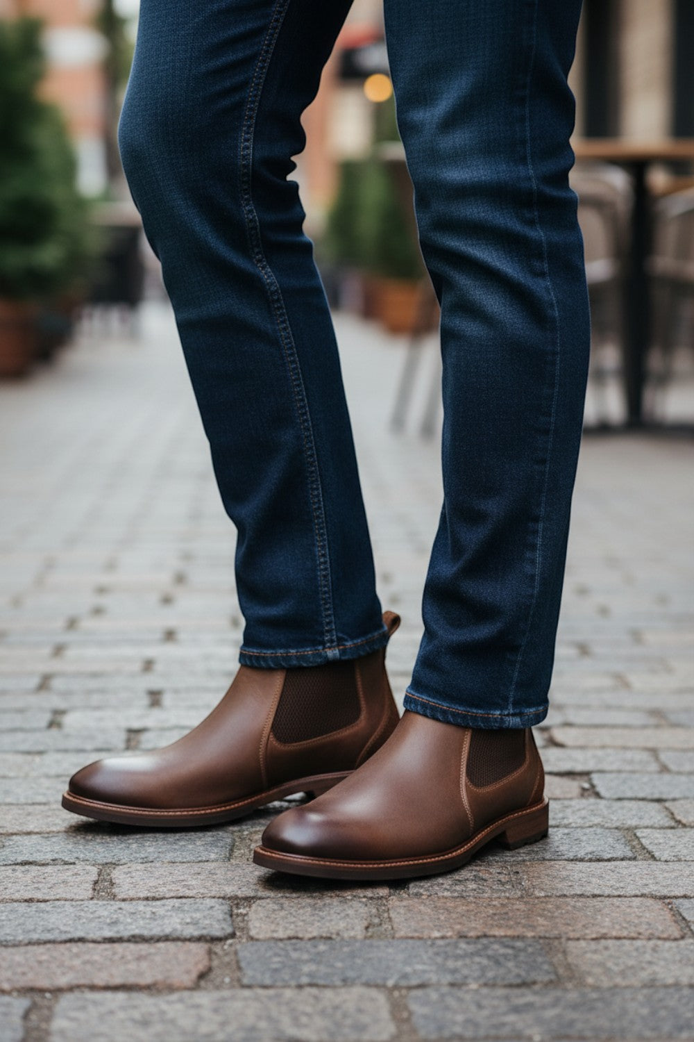 Broderick's Clothing Co. Florsheim Lodge brown leather Chelsea boots with elastic gore panels worn with dark jeans