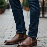 Broderick's Clothing Co. Florsheim Lodge brown leather Chelsea boots with elastic gore panels worn with dark jeans