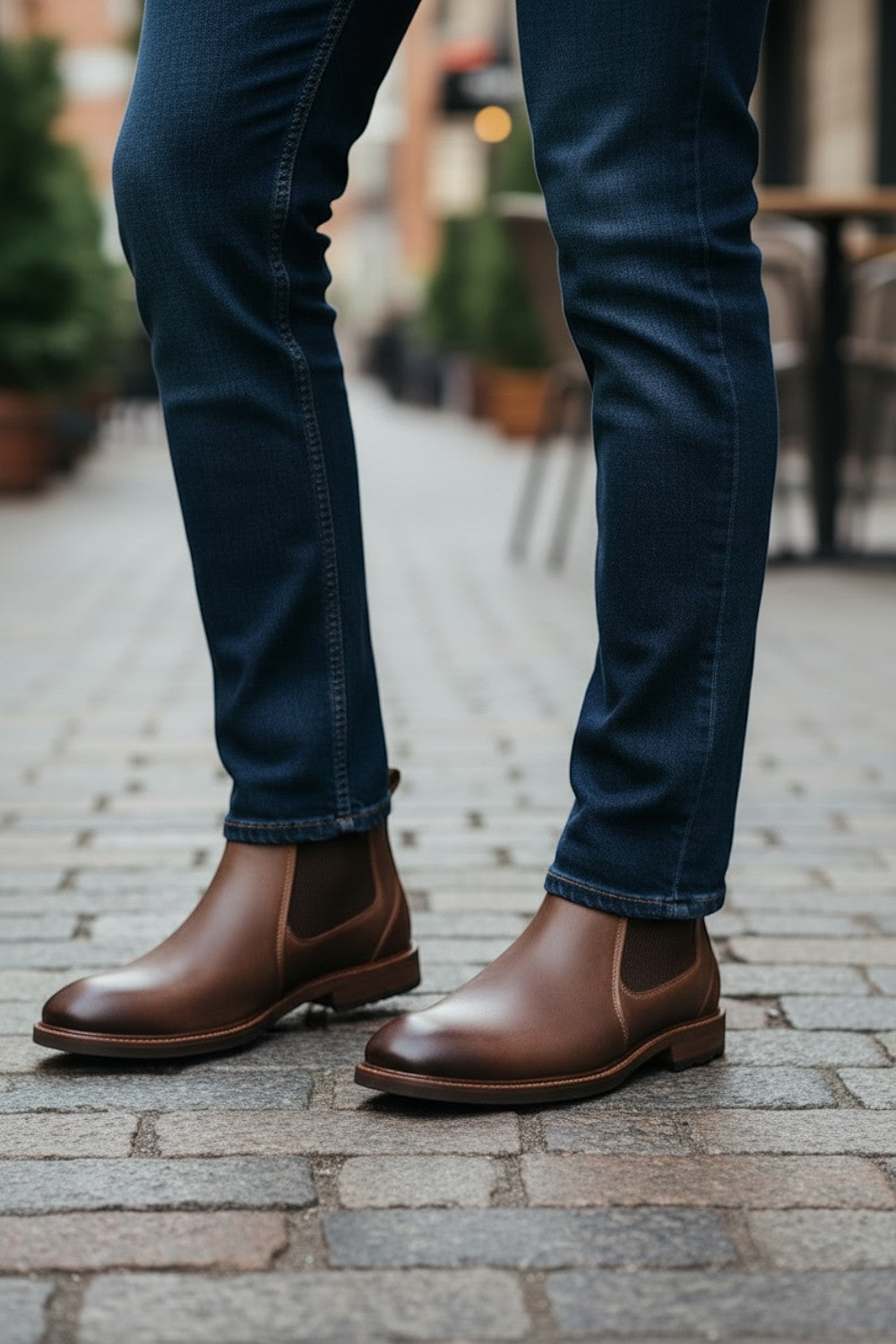 Broderick's Clothing Co. Florsheim Lodge brown leather Chelsea boots worn with dark blue jeans on a cobblestone street