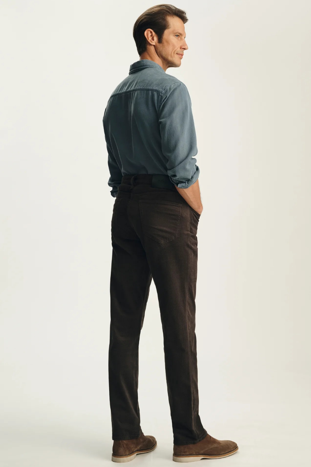 Broderick's Clothing Co. 34 Heritage Charisma brown straight leg pants with corduroy-inspired texture on a model