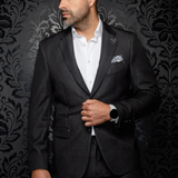 Broderick's Clothing Co. Au Noir charcoal grey single-breasted blazer with flap pockets worn by a man in a white shirt