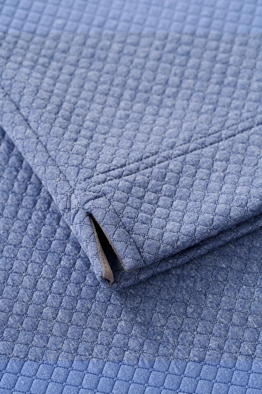 Broderick's Clothing Co. blue moratronic diamond knit pullover fabric texture with side vent detail