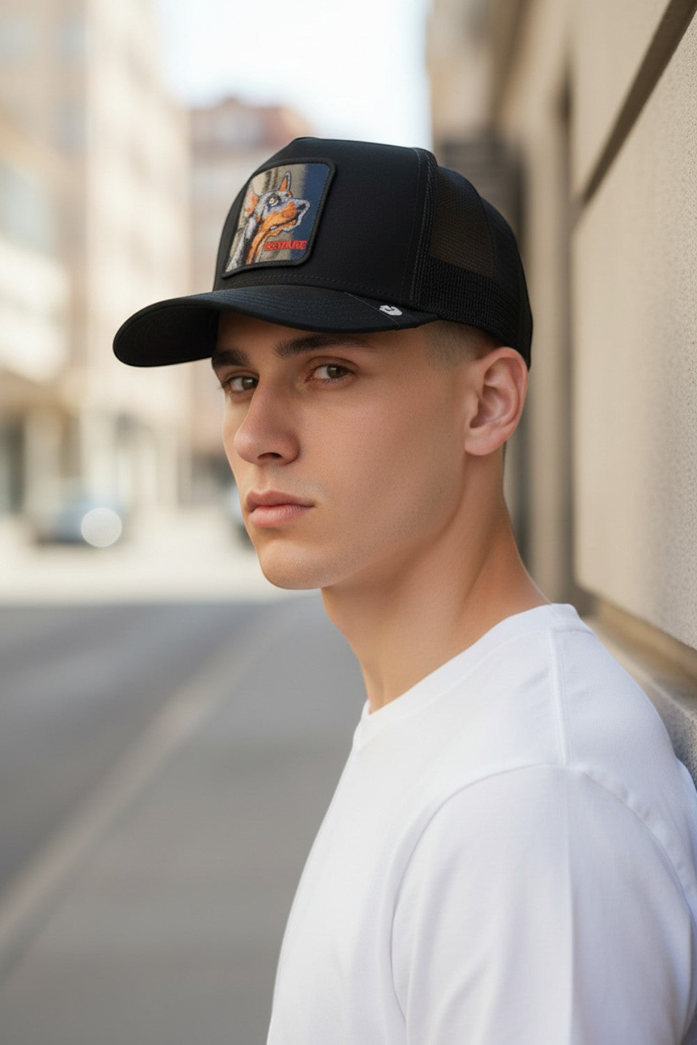 Broderick's Clothing Co. Goorin Bros. black trucker hat with a Doberman patch worn by a man in a white t-shirt