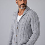 Broderick's Clothing Co. grey cable-knit wool blend cardigan with shawl collar and buttons worn by a bearded man