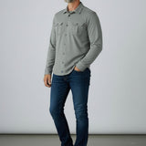 Broderick's Clothing Co. Johnnie-O grey twill overshirt with dual chest pockets worn by a man with blue jeans
