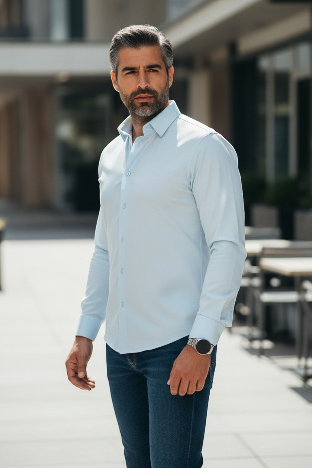 Broderick's Clothing Co. Au Noir Alexander ice blue long sleeve knit dress shirt worn by a man outdoors