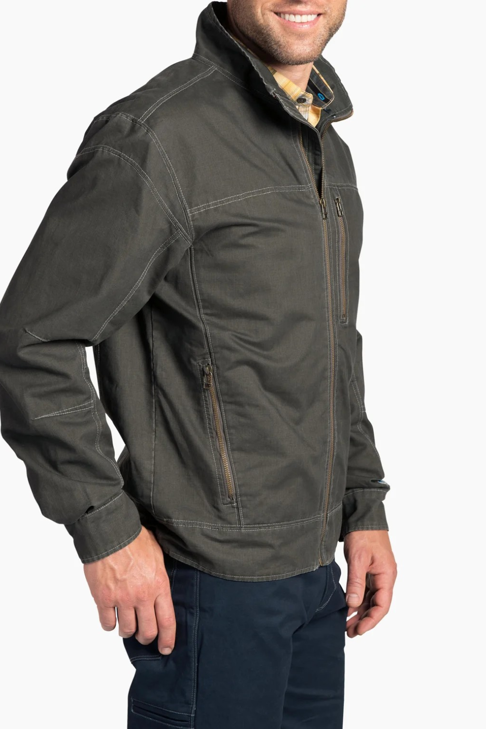 Broderick's Clothing Co. KÜHL BURR jacket in dark grey canvas with contrast stitching and zippered pockets