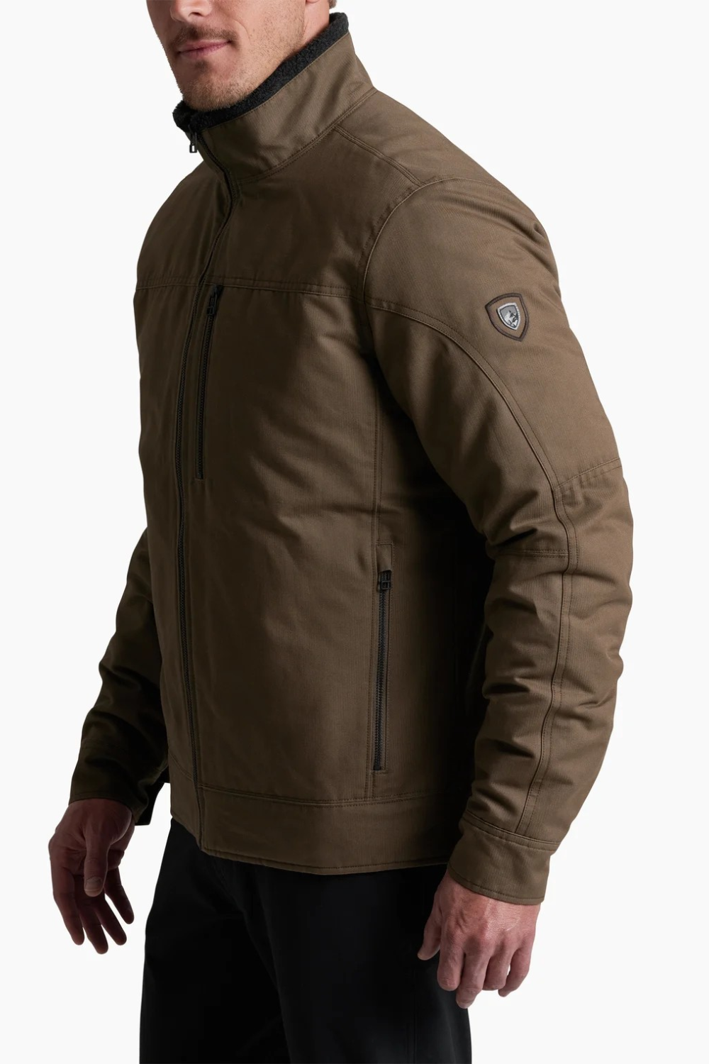 Broderick's Clothing Co. KÜHL BURR insulated jacket in olive brown cotton with berber collar and zippered pockets