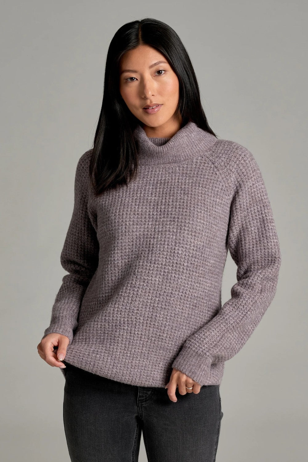 Broderick's Clothing Co. KÜHL Sienna heathered mauve chunky knit sweater with a ribbed cowl neck and raglan sleeves.
