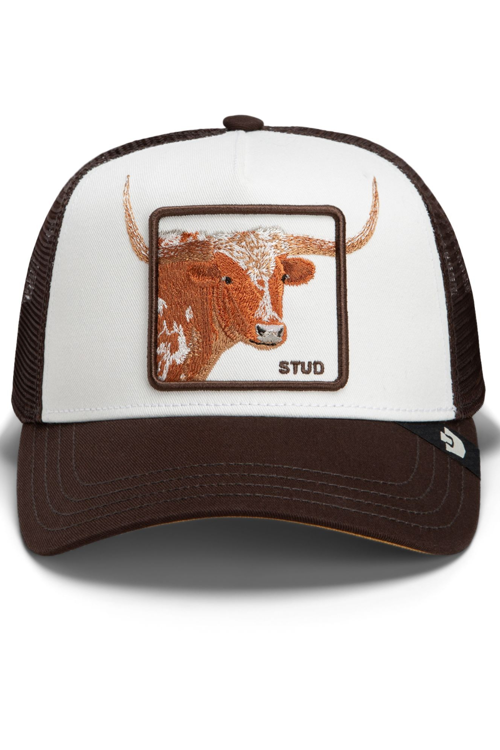 Broderick's Clothing Co. Goorin Bros. brown and white trucker hat with embroidered longhorn patch and mesh back