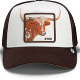 Broderick's Clothing Co. Goorin Bros. brown and white trucker hat with embroidered longhorn patch and mesh back