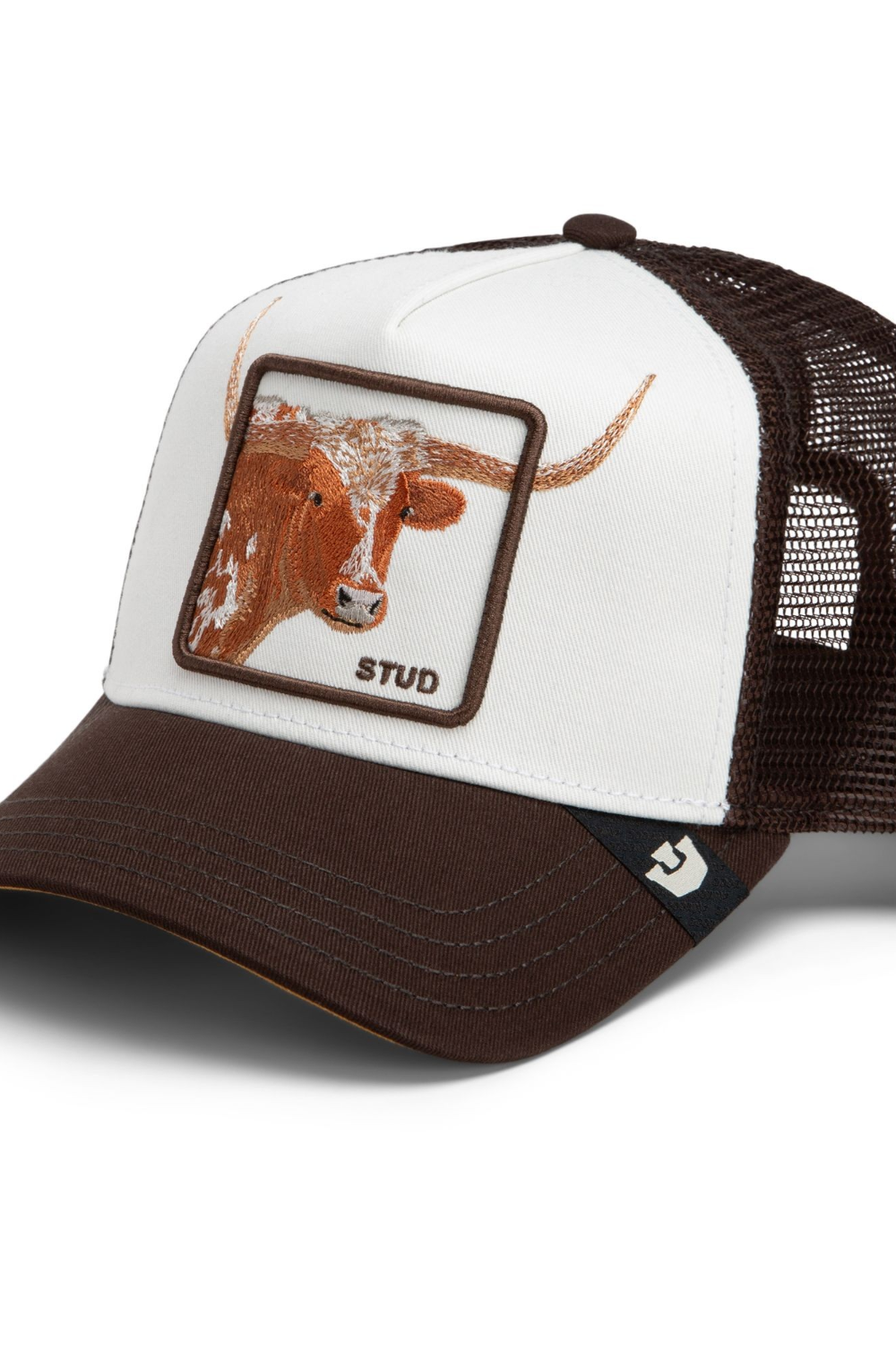 Broderick's Clothing Co. Goorin Bros. brown and white trucker hat featuring an embroidered longhorn Stud patch