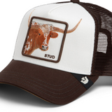 Broderick's Clothing Co. Goorin Bros. brown and white trucker hat featuring an embroidered longhorn Stud patch