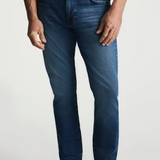 Broderick's Clothing Co. 34 Heritage medium blue tapered leg jeans with contrast stitching and vintage denim texture