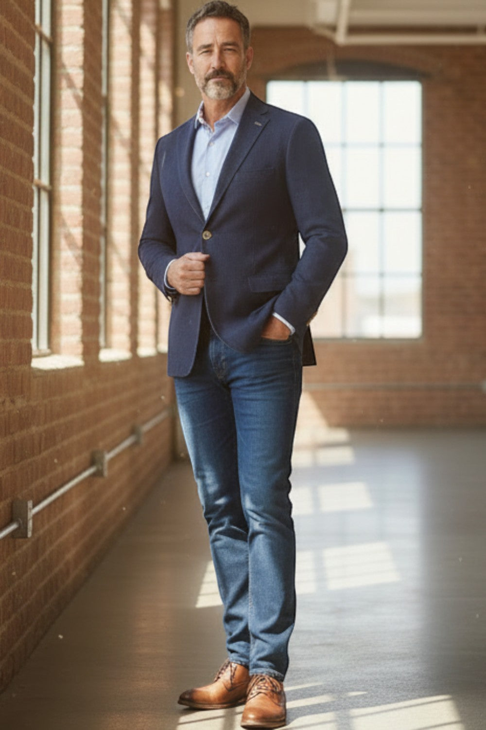 Broderick's Clothing Co. navy denim knit sport coat worn by a man in a light blue shirt and jeans in a loft space.