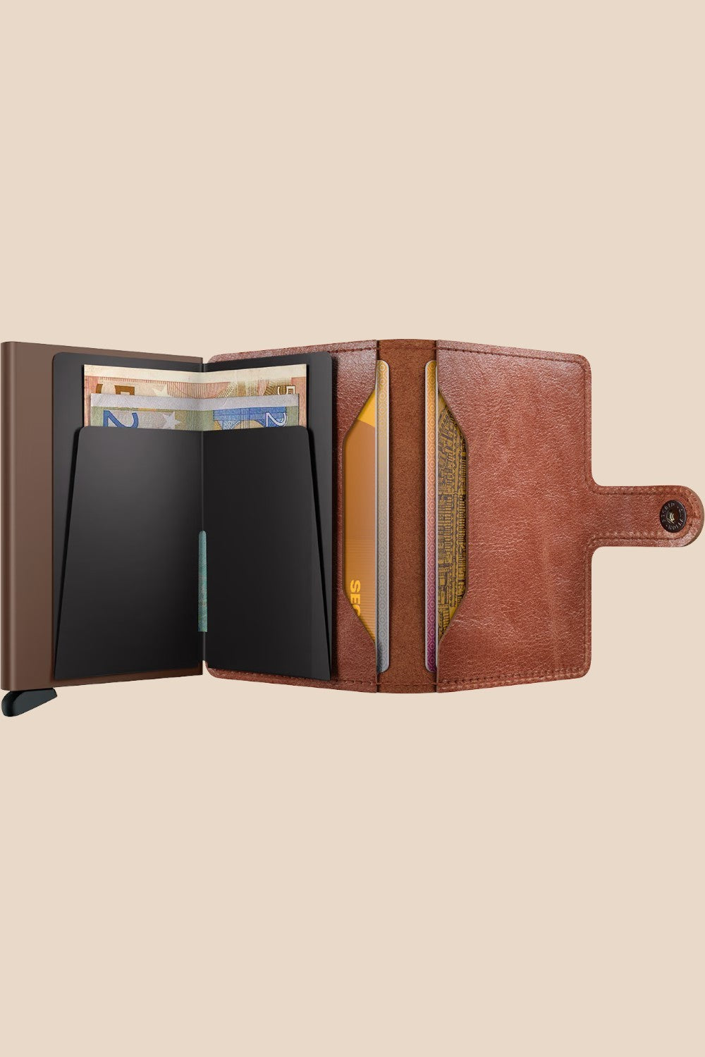 Broderick's Clothing Co. Secrid Miniwallet in vintage cognac-brown leather with an integrated card protector.