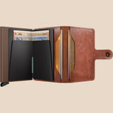 Broderick's Clothing Co. Secrid Miniwallet in vintage cognac-brown leather with an integrated card protector.