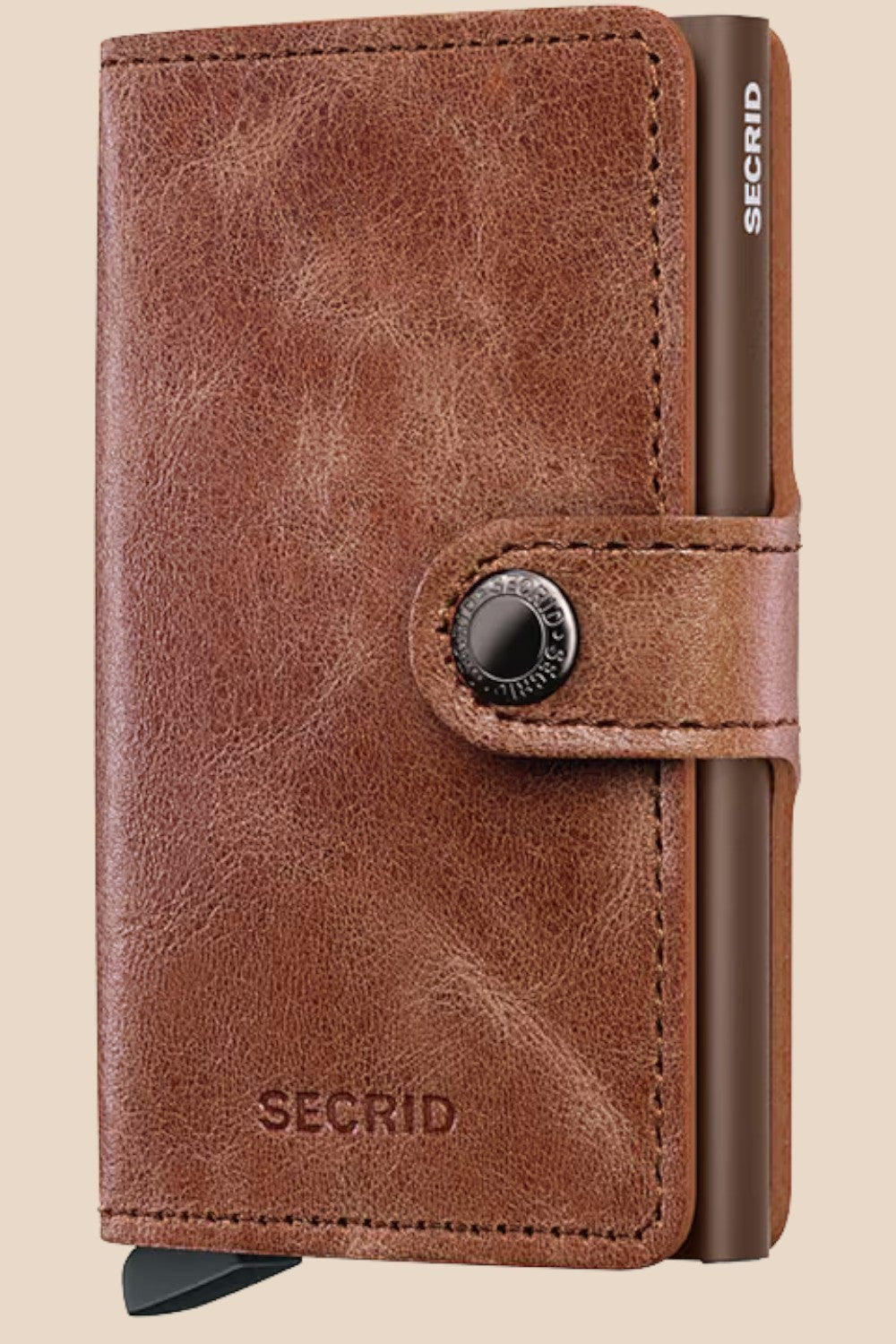 Broderick's Clothing Co. Secrid Miniwallet in vintage cognac-brown leather with an integrated aluminium card protector.