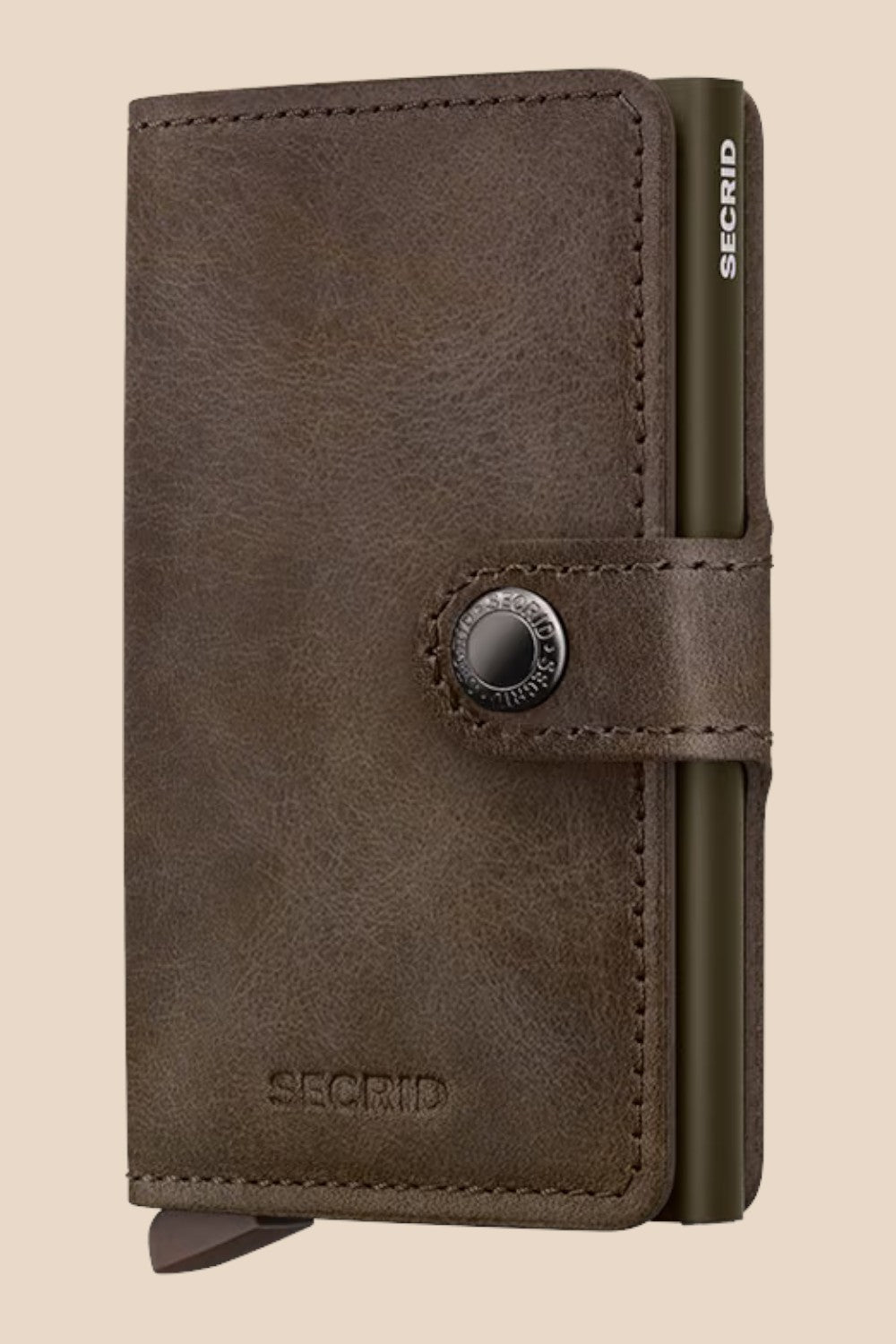 Broderick's Clothing Co. Secrid Miniwallet in vintage oak brown leather with a secure snap button and card protector.