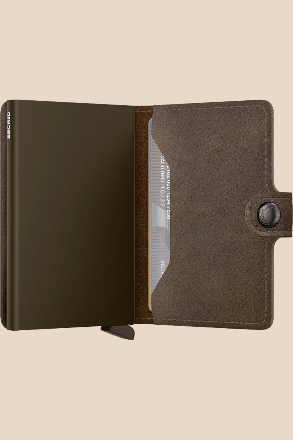 Broderick's Clothing Co. Secrid Miniwallet in Vintage Oak brown leather with an aluminium card protector mechanism.